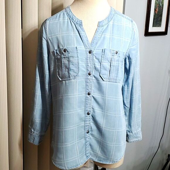 Intro❤  long sleeves blue plaid blouse. Size PM. Great top, Very good condition. - Picture 1 of 11
